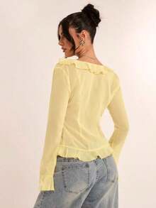Blusa elegante de mujer con mangas de volantes de gasa, adecuada para vacaciones, fiestas, citas, salidas con amigos, vacaciones y uso diario elegante, Día de San Valentín, San Valentín para mujeres - Amarillo - Ver 2