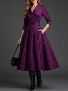 elegante y de moda francés al estilo europeo y americano, vestido formal de cintura ceñida de estilo minimalista, vacacional y casual japonés y coreano, vestido de dama elegante y sexy de escote profundo en V y ajustado al Body para otoño/invierno - Morado - Ver 6