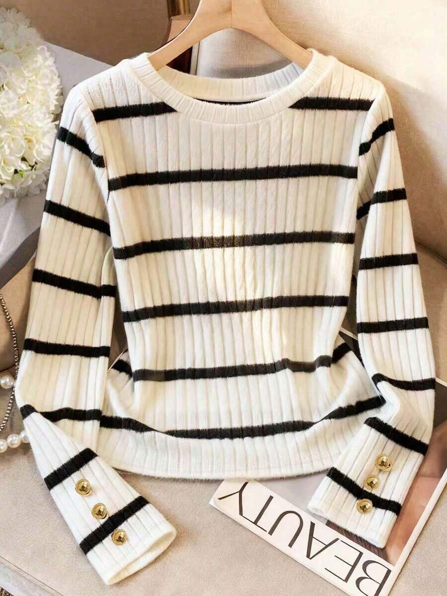 Elegante camiseta de punto de cuello redondo, top de punto minimalista de moda, otoño/invierno - Blanco y Negro - Ver 1