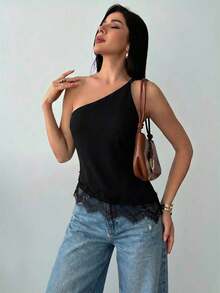 Nueva llegada Primavera/Verano Elegante Top casual de lino color albaricoque con cintura fruncida, bajo asimétrico y espalda descubierta - Negro - Ver 5