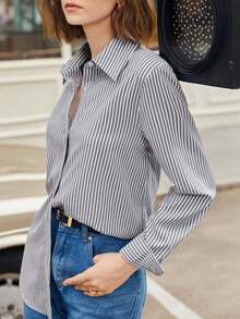 Camisa de mujer de manga larga con hombros caídos y rayas, estilo básico urbano y de commuter, moda simple y elegante, adecuada para vestimenta casual de negocios, oficina, profesora - Gris 2 - Ver 6