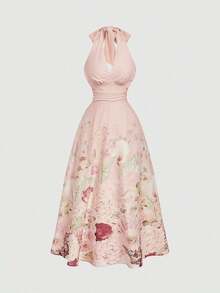 Vestido de mujer de moda con estampado total, cuello halter y lazo en la cintura, de largo medio - Multicolor - Ver 2