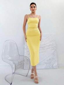 Vestido con tirantes con moño sin espalda, de material elástico, para verano - Amarillo claro - Ver 4