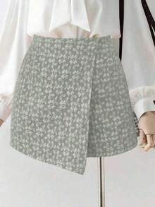 Falda pantalón elegante de unicolor con textura jacquard, para el Día de San Valentín - Verde - Ver 2