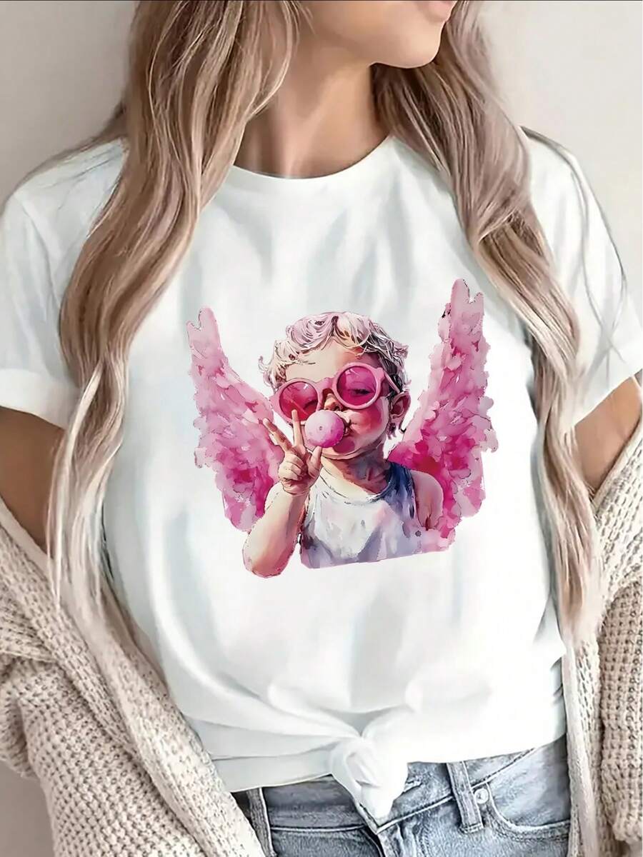 Camiseta de manga corta de poliéster con estampado de ángel, ligera y duradera, adecuada para uso casual en casa o en una cafetería, cómoda y ajustada para el uso diario. - Blanco - Ver 1