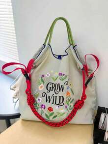 New Versatile Embroidered Floral Pattern Foldable Tote Bag, Large Capacity Shopping Bag Suitable For Daily Commute, Women's Shoulder Handbag - Multicolor - View 1