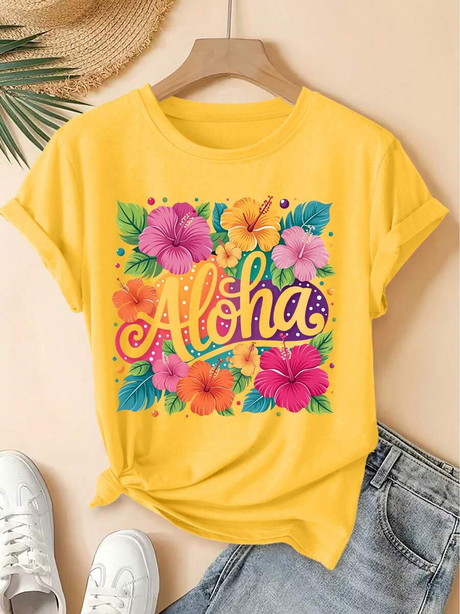 Aloha Tropical Hibiscus Flower Colorful Print Short-Sleeve Vintage Round-Neck T-Shirt, Fresh Forest Style Loose Top, 2026summer Party Commuter Women's - 黃色 - 查看 1