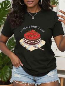 Casual Strawberry Print T-Shirt, Retro Strawberry Graphic T-Shirt, Vintage Fruit Illustration T-Shirt, Gift For Sweet Berry Lovers, Retro Style Clothing, Perfect Gifts For Grandma And Mom, 100% Cotton, Durable - 黑色 - 查看 7