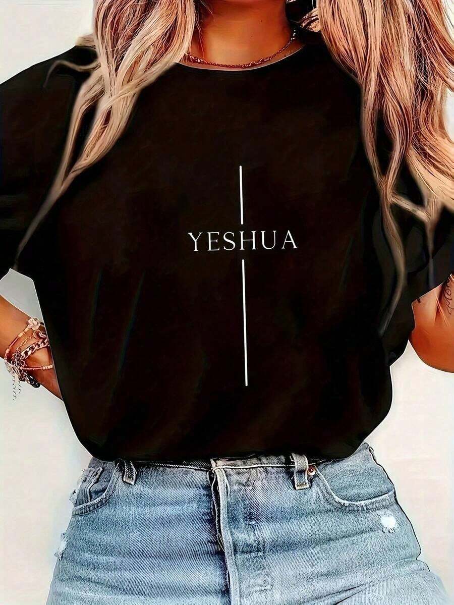 Women'S Casual Round-Neck T-Shirt With A Faith-Themed Cross Pattern And YESHUA Text, Perfect For Spring And Summerplayeras de mujer - Negro - Ver 1