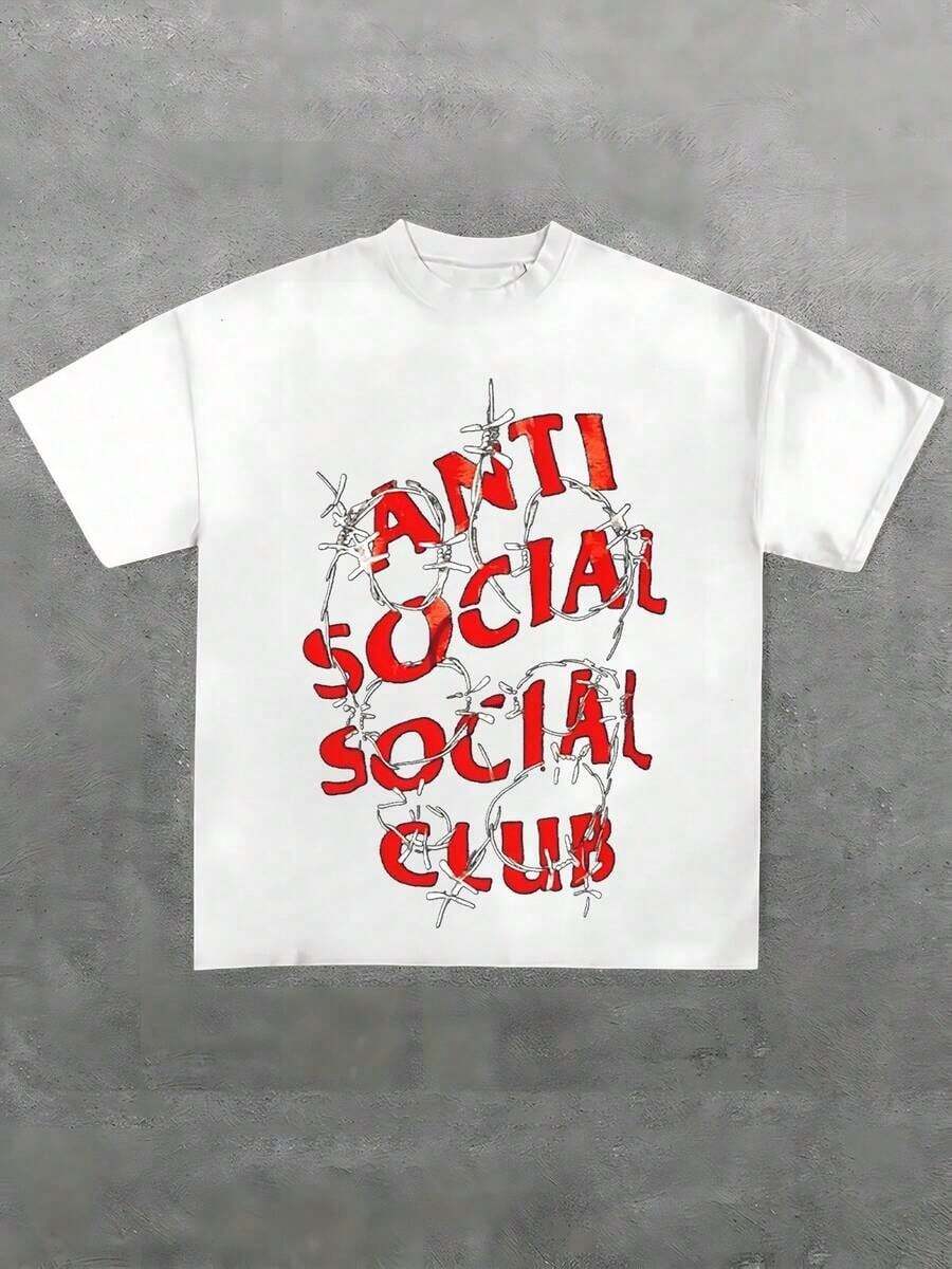 Plus Size T-Shirt With 'Anti Social' Letter Print And Barbed Wire, Urban Style, 1 Piece, 100% Cotton, Men's Casual T-Shirt, Short Sleeve Crew Neck Graphic Tee, 220g, Ideal For Going Out, Unisex Summer Gift - 白色 - 查看 1