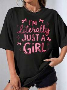 Black And White T-Shirt For Girls, Oversized White T-Shirt With Pink Text "I'm Literally Just A Girl" And Bow Design, For Everyday Casual Wear, Outdoor Parties, Casual Printed T-Shirt - 黑色 - 查看 6
