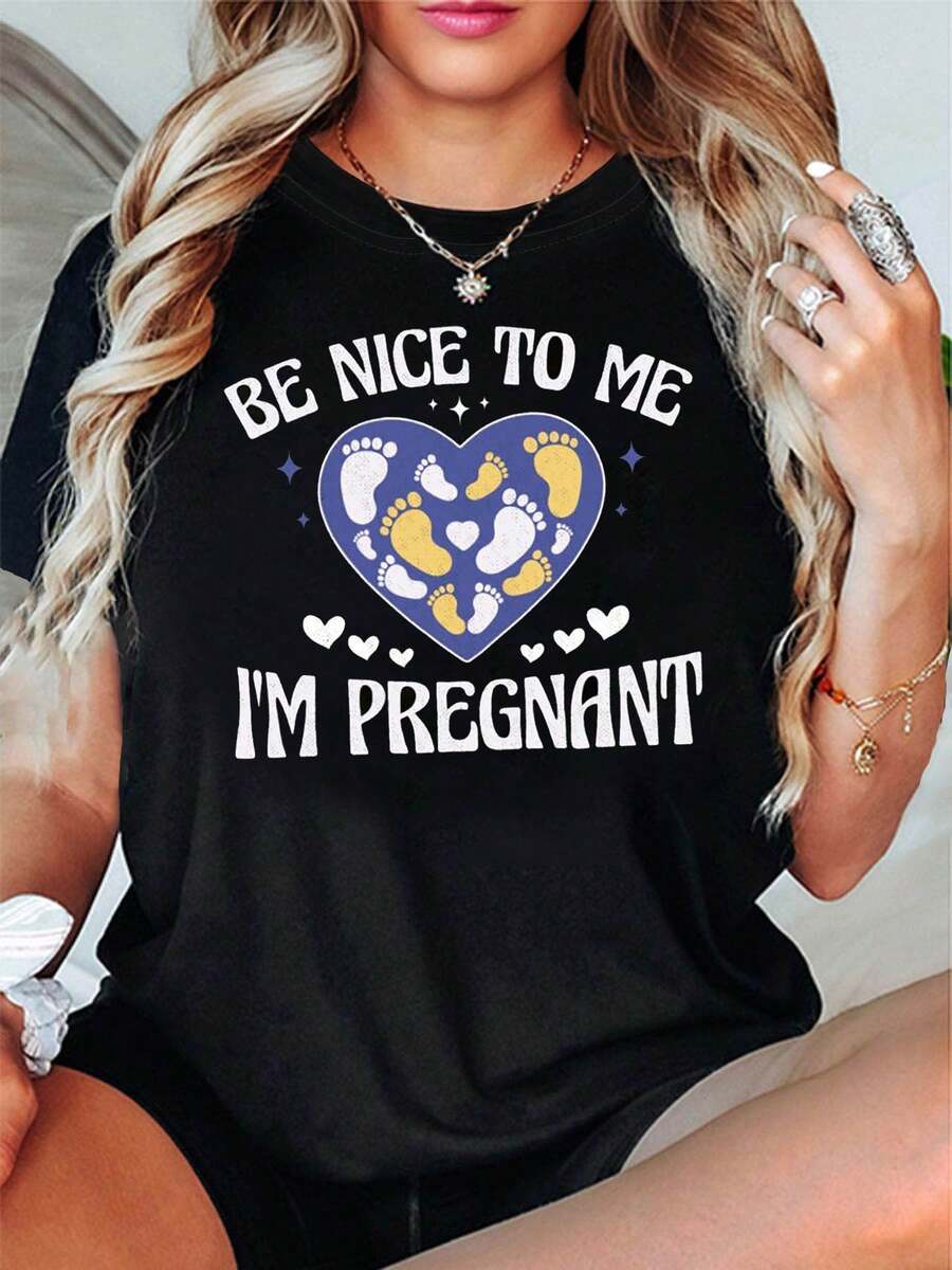 Women's T-Shirt With Fun Pregnancy Reminder Theme | Heart Footprint Graphic, Casual Short Sleeve, Blue, White And Yellow, Warm And Cute Top For Daily Pregnancy Monitoring - 黑色 - 查看 1