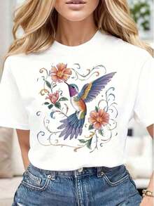 Camiseta Casual para Mujer con Estampado de Colibríy Flores, Suave y Cómoda, para el Día de la Madre, Cumpleaños, Aniversario, Manga Corta - Estilo Vintage Urbano, Unisex, Holgada, de Algodón, Cuello Redondo. - Blanco - Ver 5