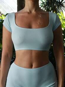 Women's Ribbed Reversible Crop Top Tie Front  Square Neck Two-Way Wearable Short Sleeve Top For Casual Summer - 天藍 - 查看 4
