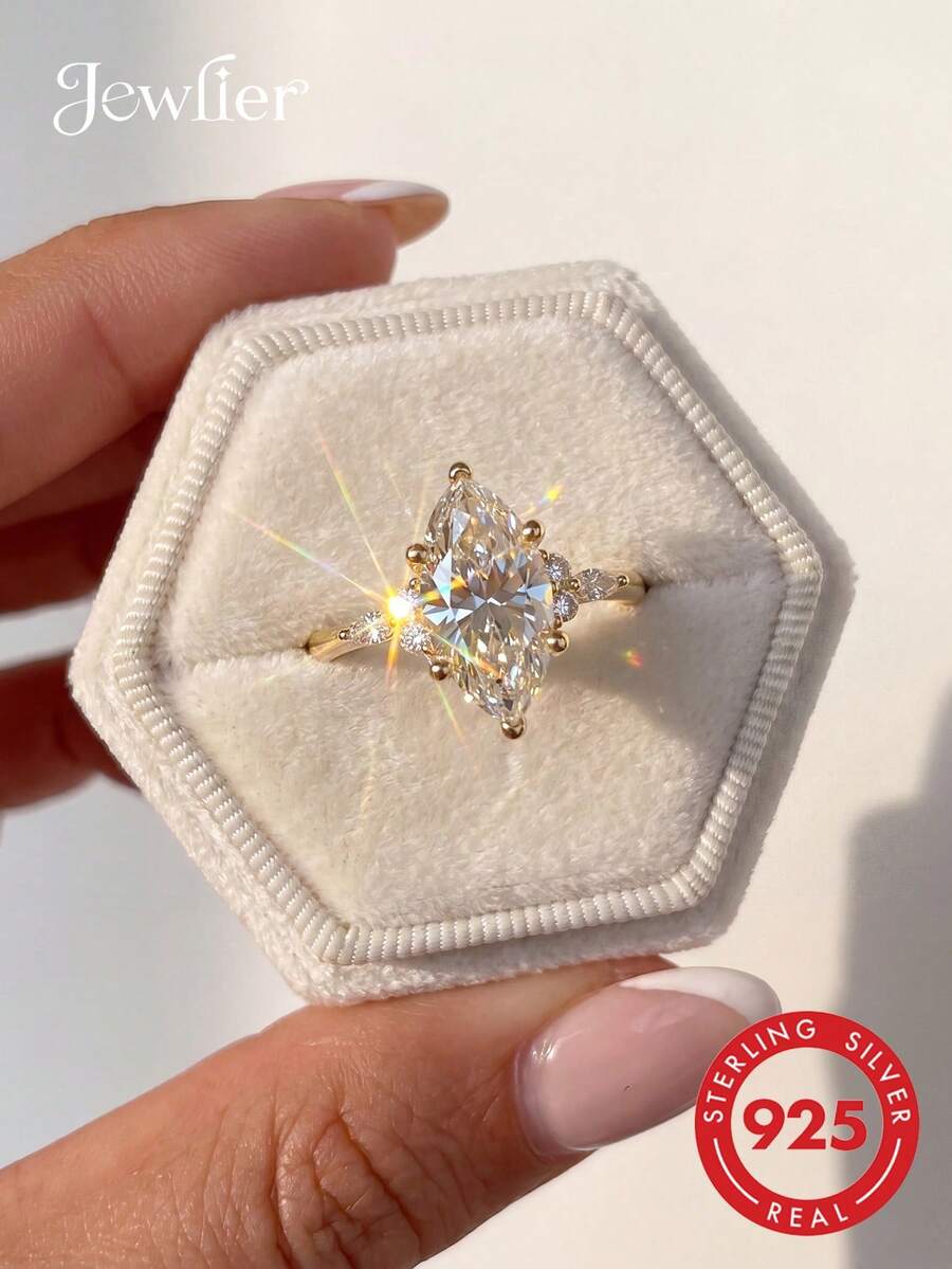 1枚女士925纯银闪亮优雅马眼戒指，永恒结婚订婚戒指，时尚珠宝礼品