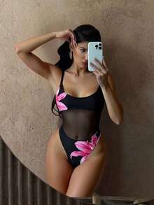 Nuevo traje de baño de una pieza, sexy, sin espalda, de malla multicolor. - Estampado floral rosa - Ver 6