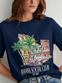 Women Havana Social Club T-Shirt Loose Short Sleeve Vintage Boho Graphic Tees Cute Aesthetic Vacation T Shirt Retro Summer Tops,Women's Graphic Round - 藏蓝色 - 查看 7
