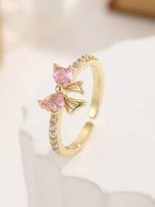 Nhẫn hình trái tim và bướm màu hồng mạ vàng 18K dễ thương, đính đá Cubic Zirconia, nhẫn hở có thể điều chỉnh kích thước, trang sức ngọt ngào và lãng mạn dành cho nữ. - Nhiều màu - Xem 8