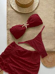 New And Sexy Solid Color Three-Piece Swimsuit For Women, With Starfish Design, Ideal For Hot Spring Vacations. - Burgundy - View 12