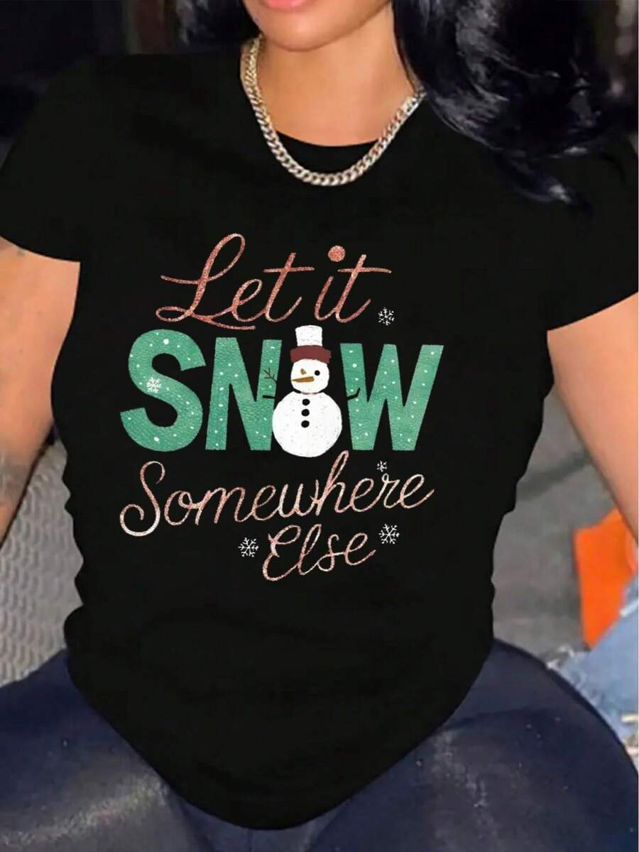Women's Christmas T-Shirt, Comfortable Round Neck, Short Sleeve Soft And Breathable Cotton, Casual Summer And Spring Clothing, Urban Fashion - 黑色 - 查看 1