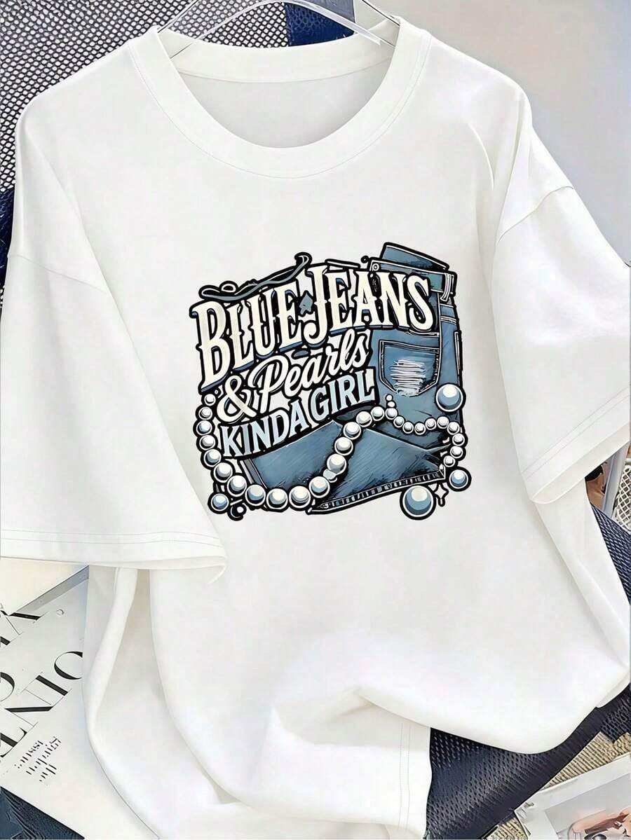 1 Piece Of T-Shirt With Pearl And Blue Jeans Design | Women's Casual T-Shirt, Denim-Inspired Pearl Print, Crew Neck, Short Sleeves, Breathable Fiber, Spring And Summer, 180g 100% Cotton - 白色 - 查看 1