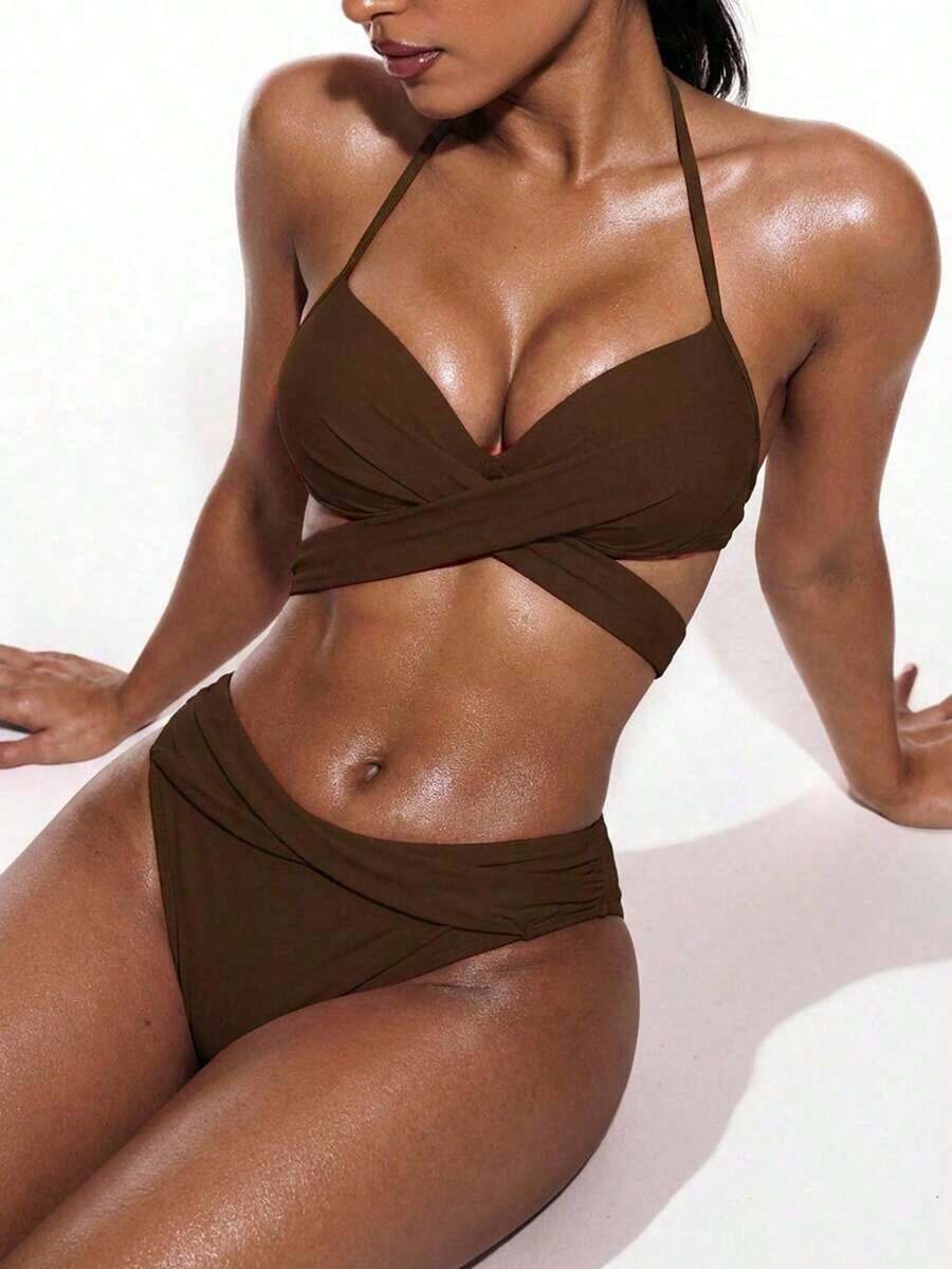 Swim Mod Conjunto de bikini de tirantes cruzados con envoltura de playa y soporte push-up para el verano - Marrón - Ver 1