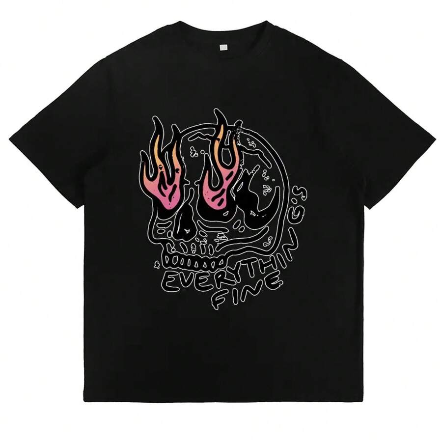Women's Graphic T-Shirt With Striking Skull Print, Oversized Style, Gothic Punk Streetwear Y2K, Soft Cotton, Round Neck, Short Sleeve, Casual, For Summer, Concerts, Festivals, Gift, Top. - 黑色 - 查看 1