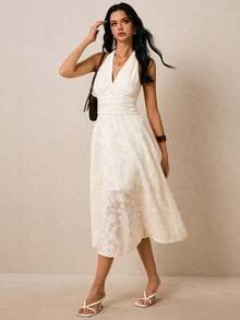 Vestido con espalda descubierta de cuello halter, cintura fruncida y estampado floral diminuto amarillo, adecuado para vacaciones - Albaricoque - Ver 7