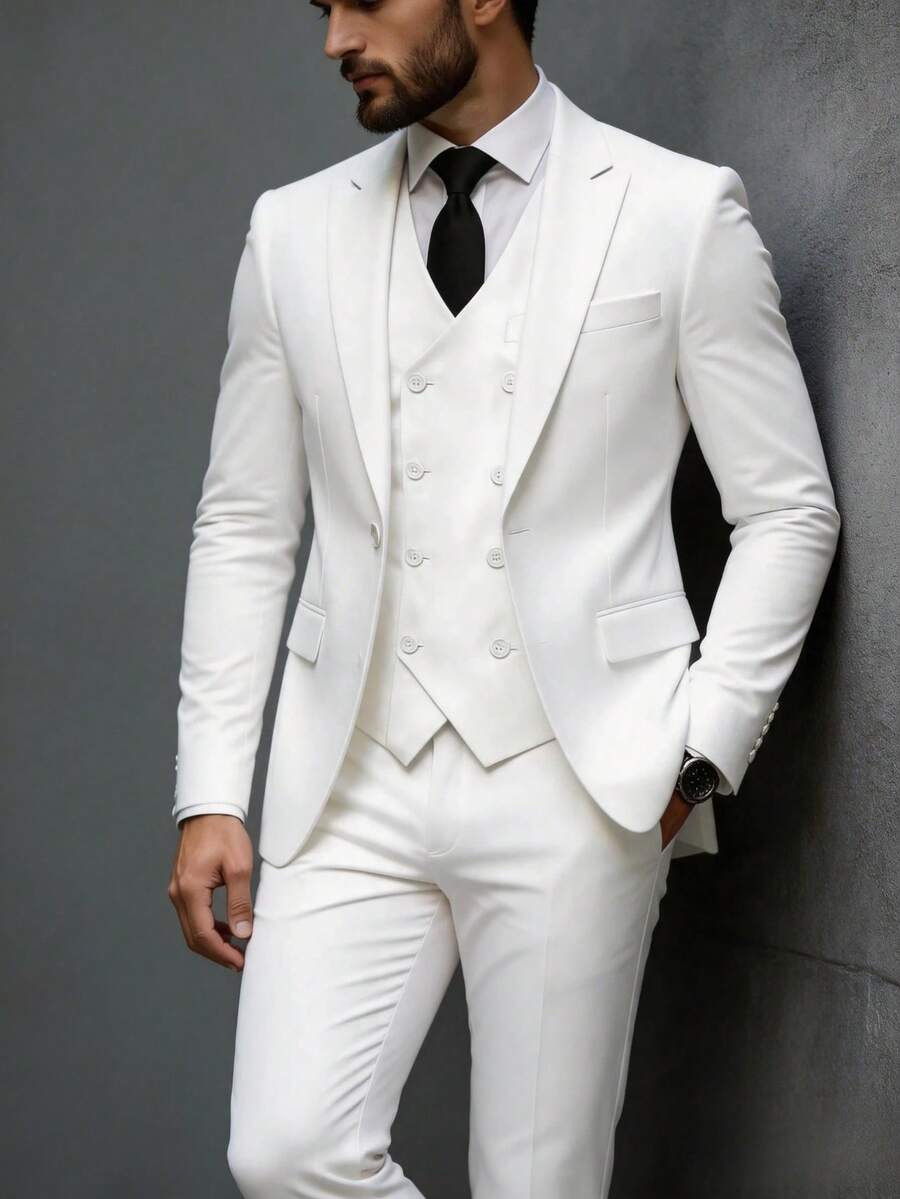 3 PiecesMen's British Solid Color Double Breasted Waistcoat Suit Set Casual Formal Dress Suit - White - View 1