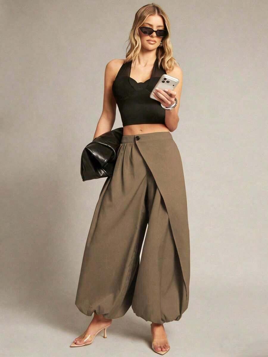 Pantalones casuales de unicolor asimétricos para mujer, pantalones de diseño suelto con cordón, longitud hasta el tobillo con botón y cremallera con pliegues - Caqui - Ver 1