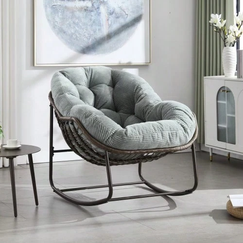 Mecedora de ratán para exteriores, asiento columpio tapizado con respaldo para entrada principal, sala de estar, patio, jardín. - Gris - View 1