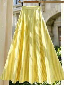 Falda larga de línea A de rayas amarillas de cintura alta, estilo francés casual de verano para vacaciones - Amarillo - Ver 1