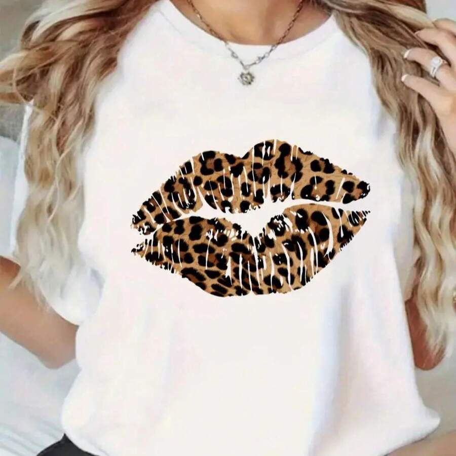 Women's Short-Sleeved Cotton T-Shirt With Black And White Checkered Lip Print, Casual Summer Style, Round Neck, Soft, Breathable, Streetwear. - 白色 2 - 查看 1