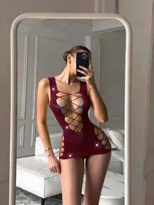 女士性感网纱蕾丝透视睡裙，连体睡衣 - 酒紅色 - 查看 2