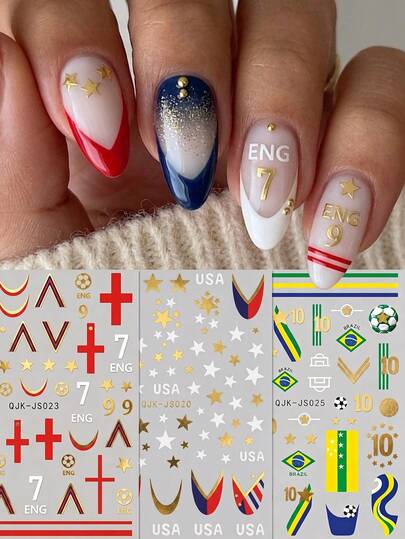 3 pezzi di adesivi per arte di unghie a tema calcio - design a contrasto di stelle e bandiere rosse, verdi e dorate - tifare per Inghilterra e USA / stagione sportiva estiva / festa musicale / decorazione unghie fai-da-te per vacanze casual