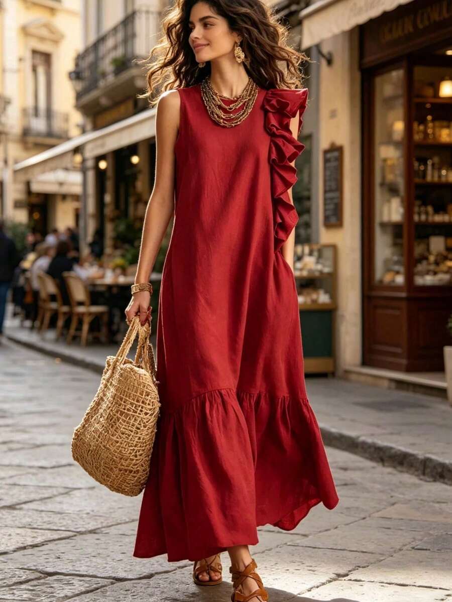 Vestido sin mangas informal de color liso con volantes irregulares para mujer - Rojo - Ver 1