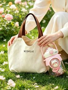 Botella de agua de plástico con personaje de dibujos animados de gran capacidad + Bolso de lona con asa de color beige, juego portátil. Bolso de lona con letra en beige a juego, adecuado para estudiantes, viajes cortos, hidratación y almacenamiento en uno, enérgico, lindo y práctico - Multicolor - Ver 3