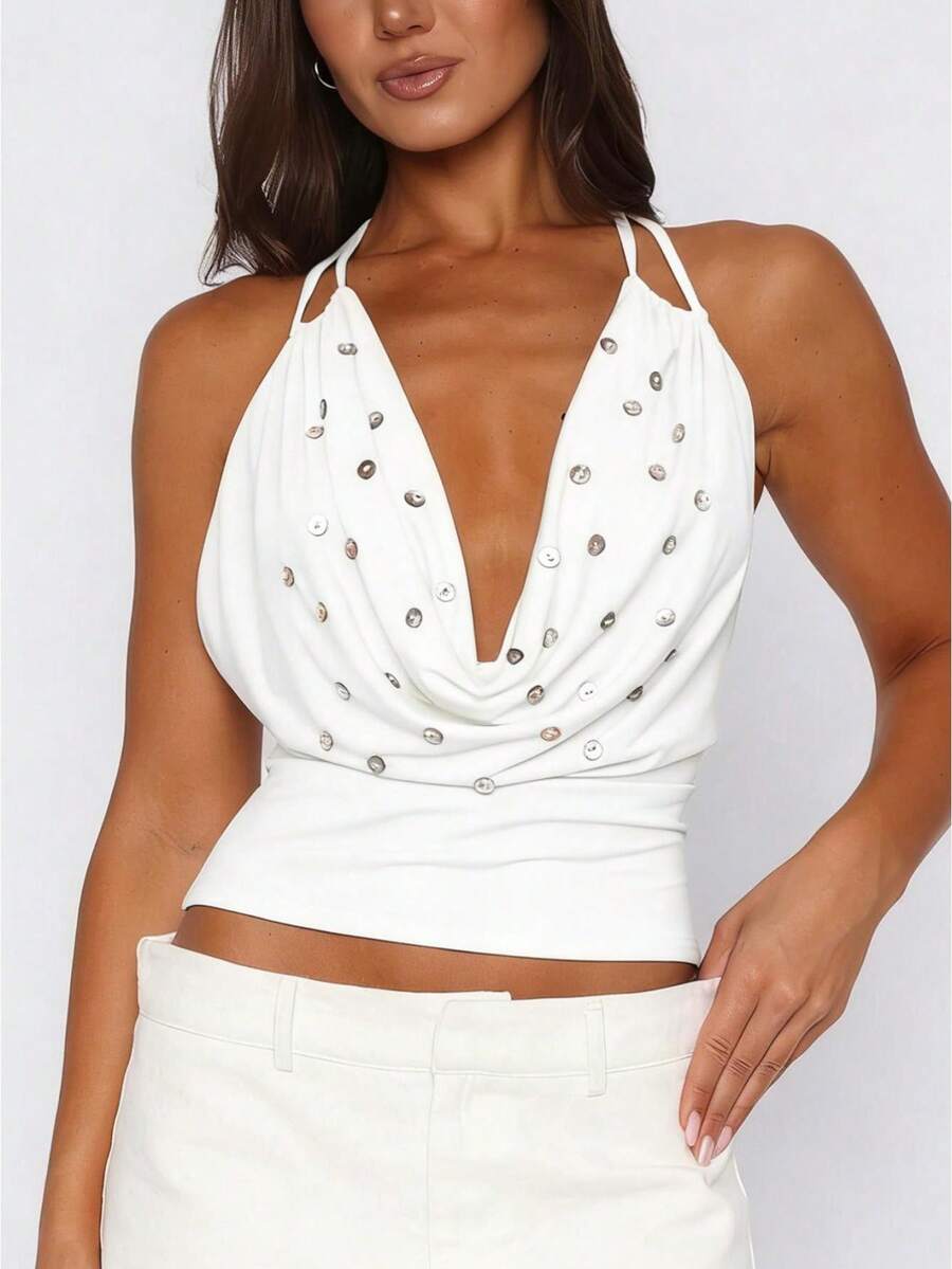 Summer Tank Tops For Women Halter Backless Button Trim Cropped Cami Shirts Y2k Club Going Out  Clothes - 白色 - 查看 1