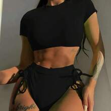 Nuevo traje de baño de dos piezas de cintura alta con cordón ajustable. - Verde - Ver 5