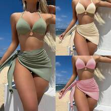 Nuevo traje de baño de tres piezas de tela especial, de cintura alta, sexy y atractivo para chicas. - rosa - Ver 2