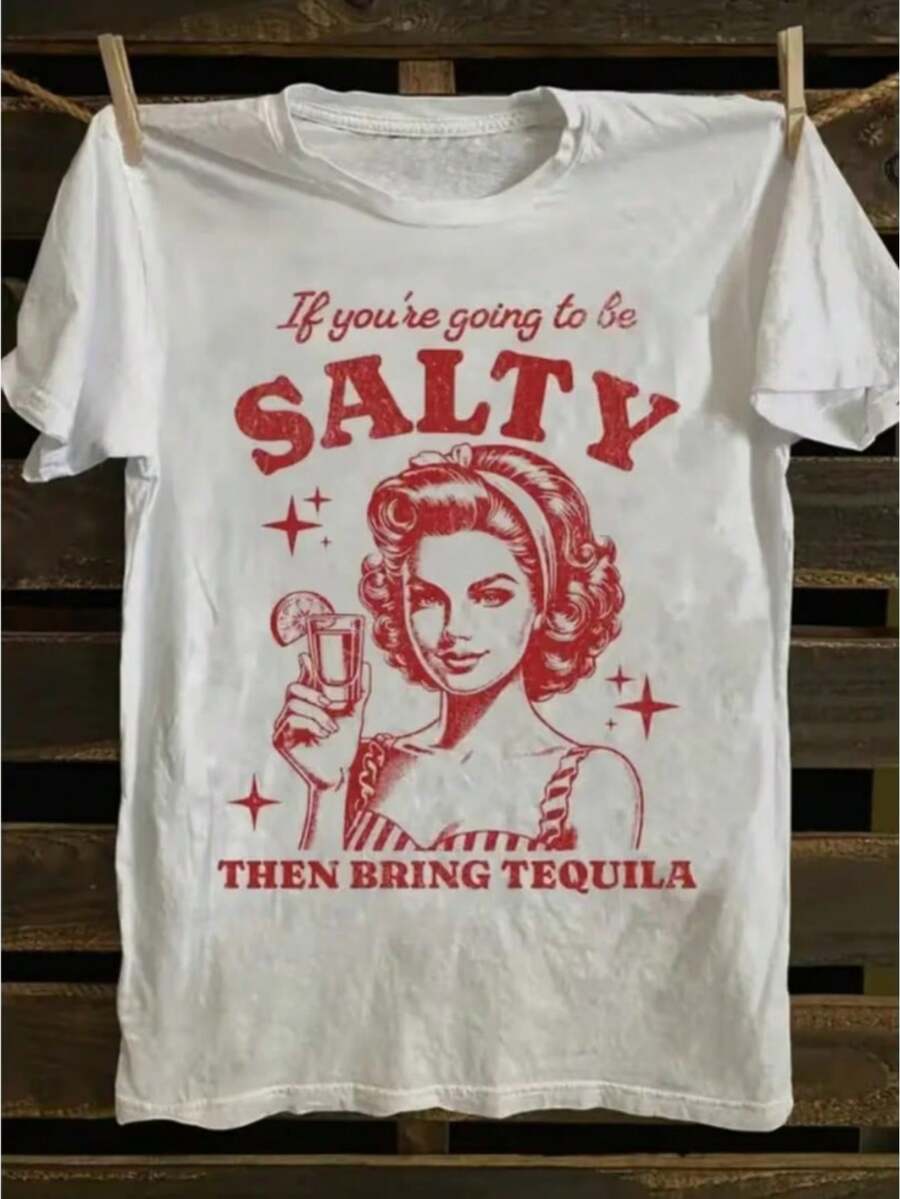 Camiseta de manga corta para mujer a la moda con estampado de letras creativas - top casual de cuello redondo, suave y bonito, de tela elástica, adecuado para usar en primavera y otoño. - Blanco - Ver 1