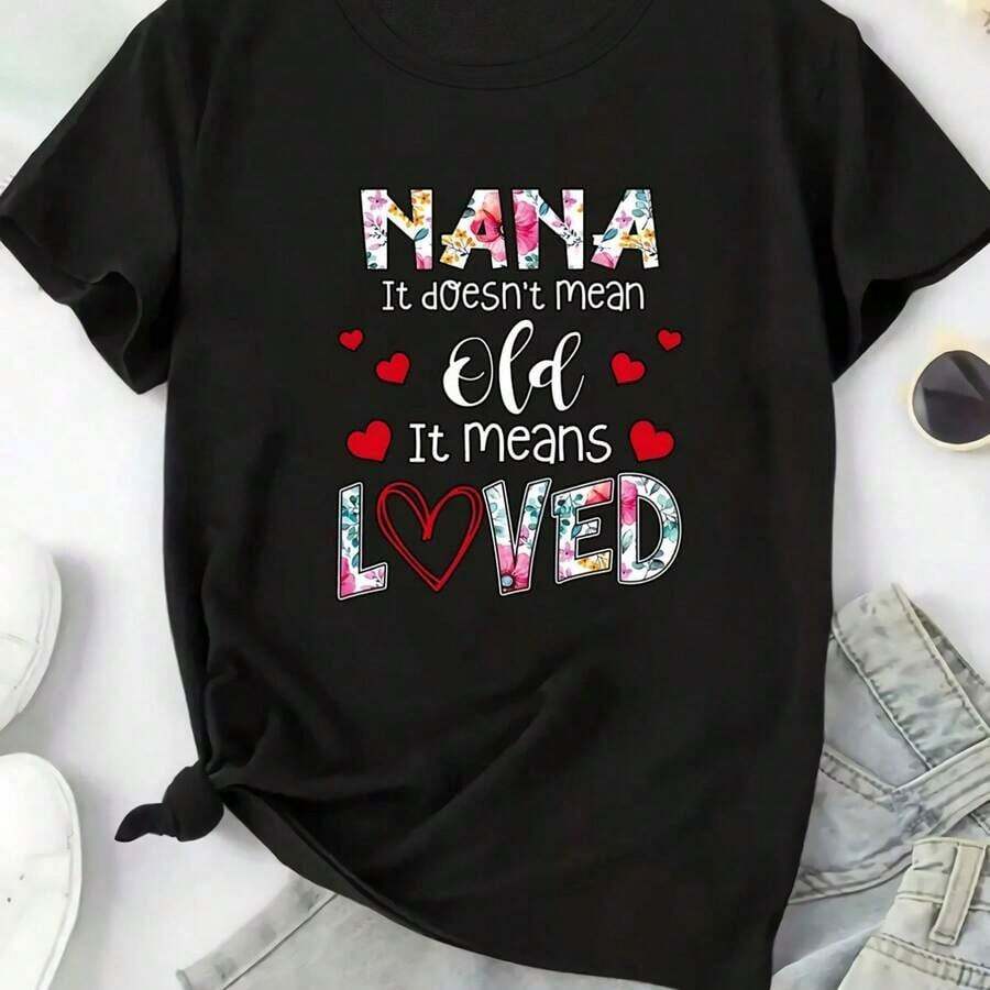 Vintage, 1 pieza, Camiseta Oversized para Mujer - Estampado "It Doesn't Mean Old It Means Loved", Nana, Tela Suave y Transpirable, Ligeramente Elástica, Camiseta Casual de Verano, Colección Primavera/Verano, Camiseta Gráfica - Negro - Ver 1