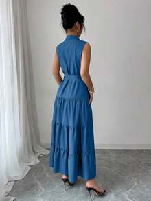 Women's Single-Breasted Sleeveless Shirt Dress With Ruffled Hem In Solid Color - Blue - View 2