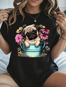 Elegante y casual para mujer, manga corta, camiseta con estampado de perro pug en un cubo y jardín de flores, ropa casual de verano, top blanco para mujer para salidas diarias y temporada de primavera. - Negro - Ver 8