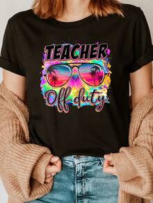 Round Neck T-Shirt With Teacher's Day Print, Casual Short Sleeve Top For Summer And Spring, Women's Clothing - Black - View 1