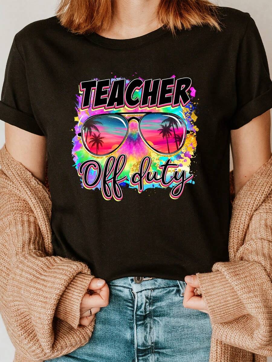 Round Neck T-Shirt With Teacher's Day Print, Casual Short Sleeve Top For Summer And Spring, Women's Clothing - Black - View 1