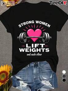 Camiseta inspiradora de talla grande para mujer - Lema de levantamiento de pesas femenino poderoso y diseño de corazón de levantamiento de pesas - Letras rosas - Cuello redondo, manga corta, adecuada para uso casual y diario - Ropa para todas las estaciones. - Negro - Ver 7