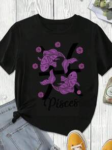 Elegante y casual camiseta de manga corta para mujer, con el signo zodiacal Piscis, estampado de peces morados y flores, ropa casual blanca para mujer, conjuntos de primavera y verano. - Negro - Ver 3