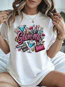 Elegante y casual camiseta de manga corta para mujer, diseño Glam Ma para el Día de la Madre con maquillaje y cócteles, ropa casual blanca para mujer, primavera verano. - Blanco - Ver 8