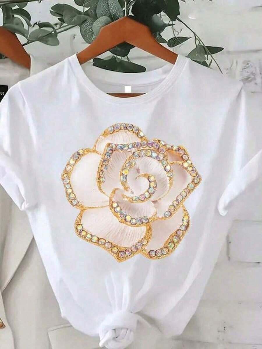 Camiseta de manga corta estampada, camisetas de algodón con gráficos, talla grande, camiseta floral elegante para mujer | Patrón floral en rosa suave y dorado, transpirable, camiseta casual y de fiesta, diseño sencillo, cuello redondo, ajuste cómodo, ligera, mangas cortas, camiseta de moda de verano para mujer, 100% algodón. - Blanco - Ver 1